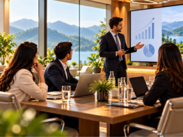 Board meeting in a lakeside conference room